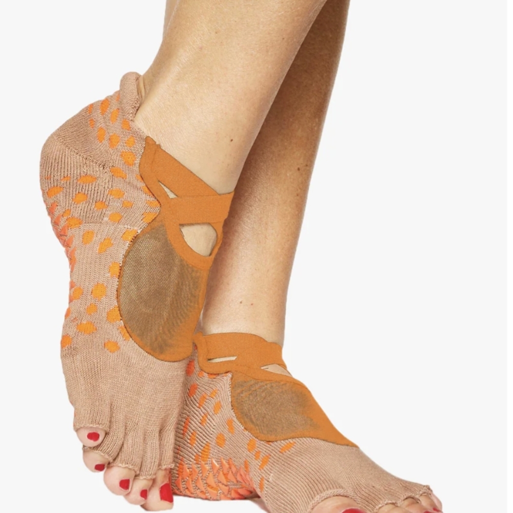 Tan and Orange Grip Socks with Criss-Cross Straps
